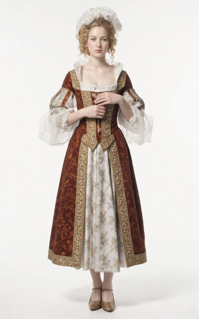 A French female model wearing Baroque   style clothing, against a white background, in a front   facing shot focusing on shoes